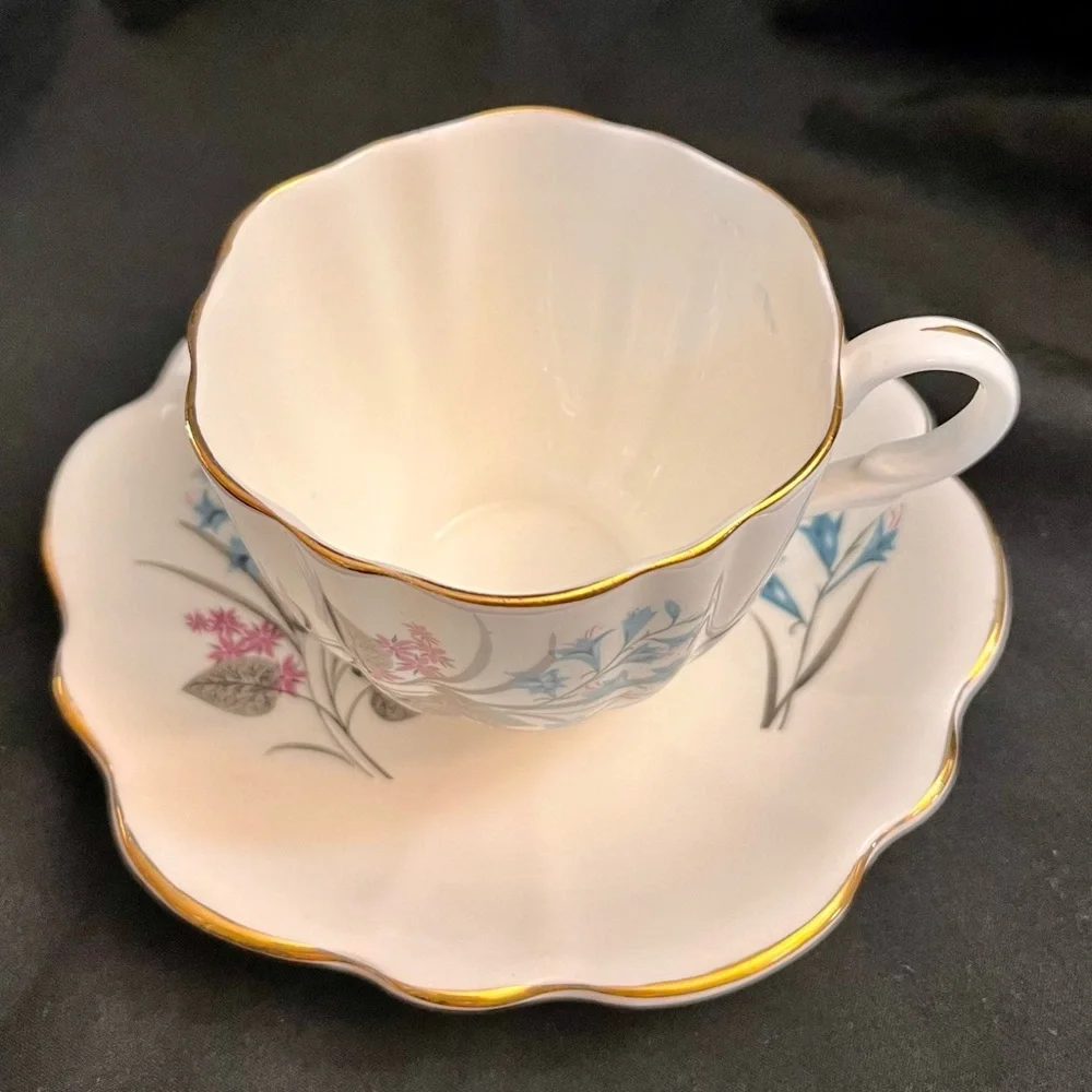 Vintage English Castle 22K Gold Trim Blue Lily Bone China Teacup Saucer Set Tea